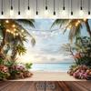 1 Tropical Beach Background with Palm Trees Ocean and Sunset - 2D Polyester Photography Background Summer Party
