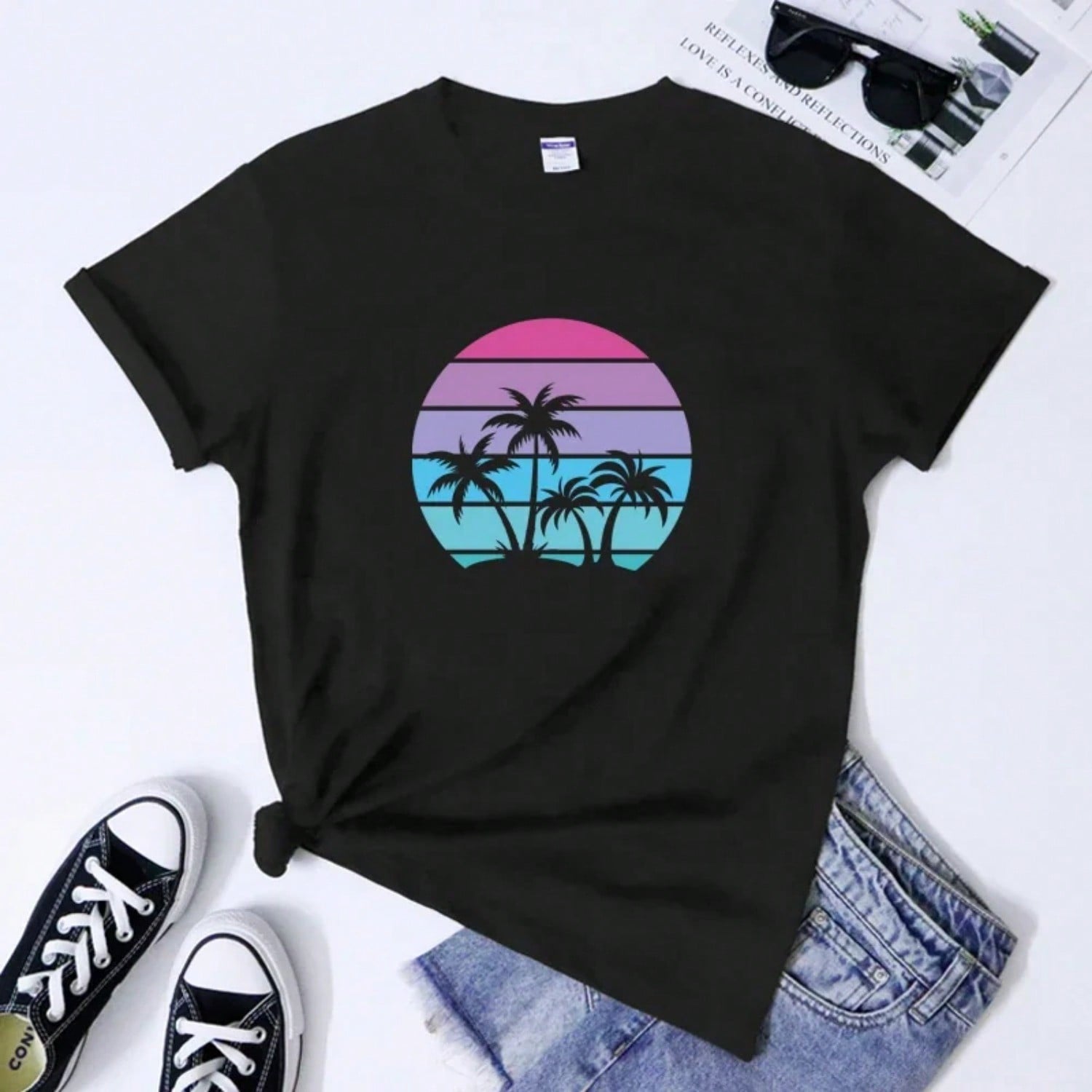 Palm Tree Island Sunset T-Shirt Aesthetic Wounisex Tropical Beach Vibes Tshirts Retro Family Summer Vacation Tee Shirt Top S разноцветный
