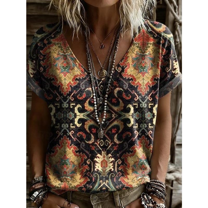 Women's T Shirt Print Graphic Vintage Vintage Stylish Classic Short Sleeve V Neck Regular Tops Casual Daily