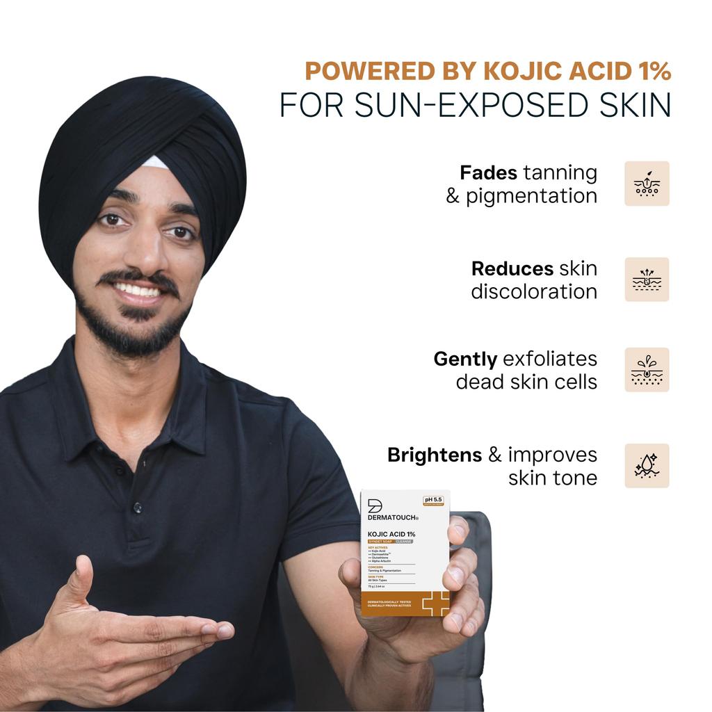 DERMATOUCH Kojic Acid 1% Soap with Glutathione & Alpha Arbutin |For Tan, Brightening, Dark Spots & Pigmentation | pH 5.5 Balanced Syndet Bar | Derm