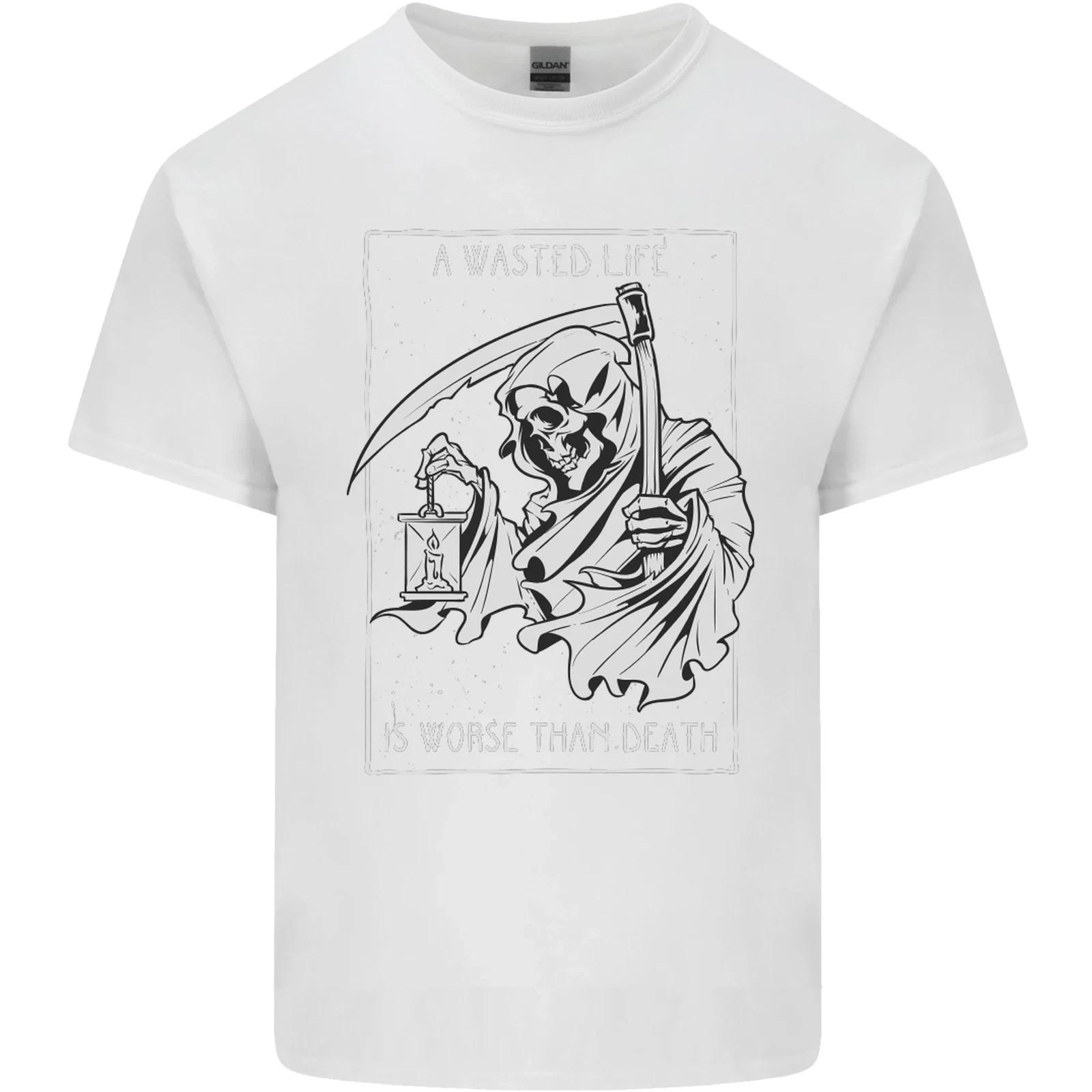 Wasted Life Grim Reaper Gothic Biker Skull Kids T-Shirt Childrens 3XL