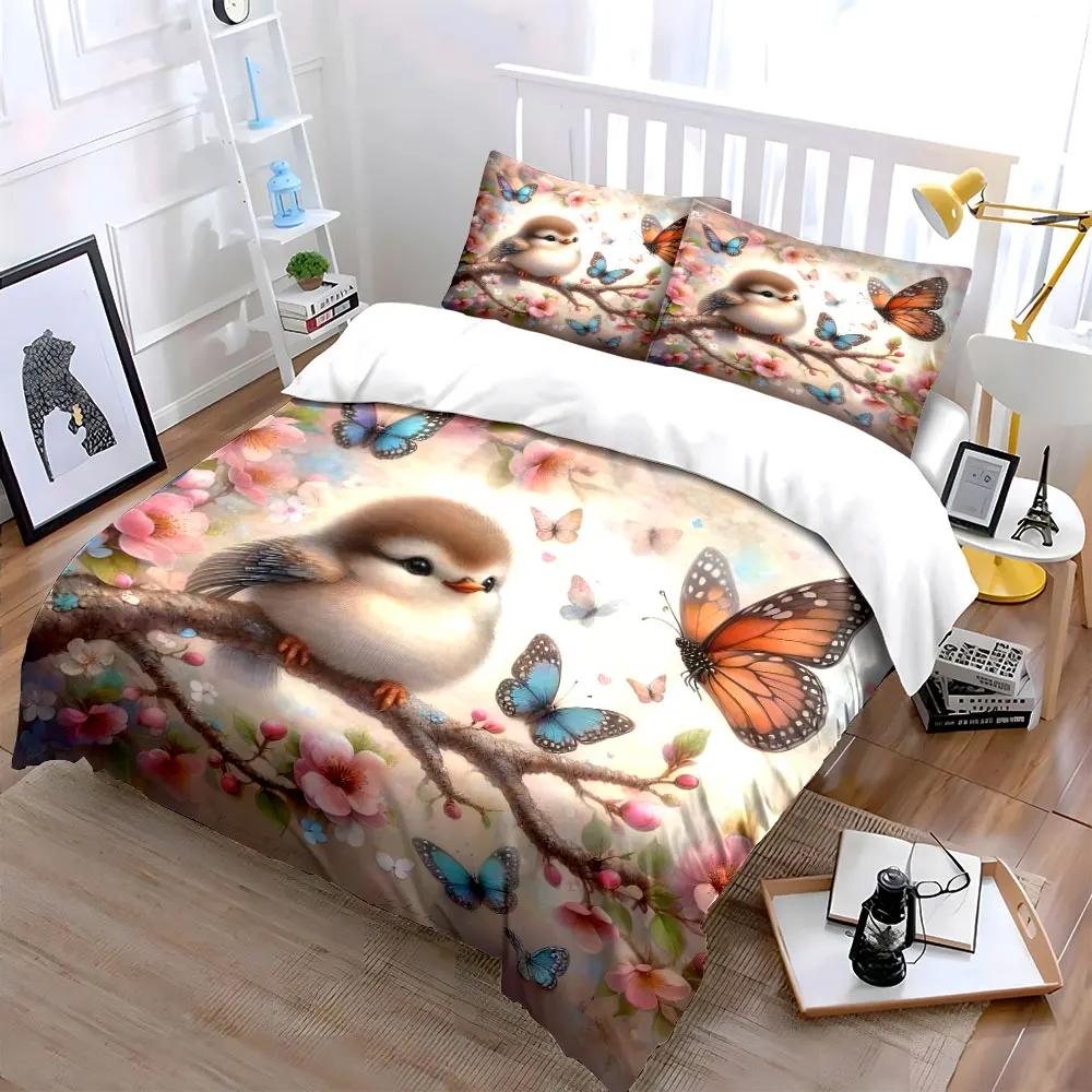 Cute Bird and Butterflies Decor Set Multiple Sizes Kid's and Adults' Bedroom Exquisite 3PC Bedding Set Gift
