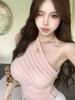 Irregular pink slanted shoulder knitted sling vest women's summer pure desire one-word shoulder tube top Thai beauty