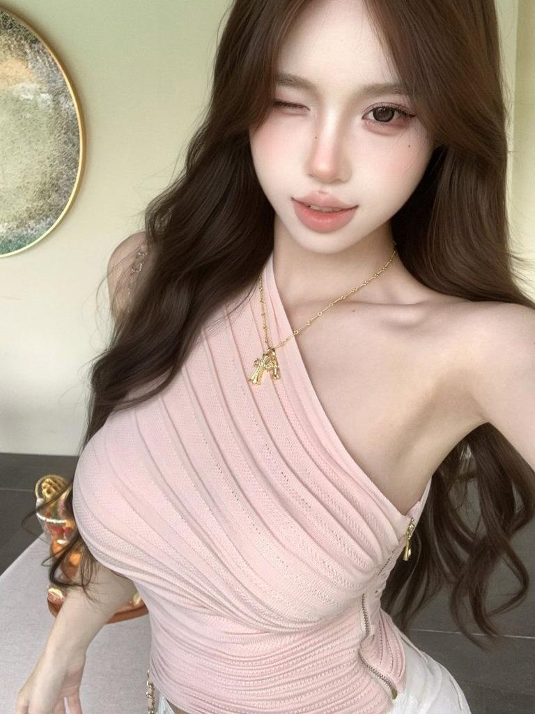 Irregular pink slanted shoulder knitted sling vest women's summer pure desire one-word shoulder tube top Thai beauty
