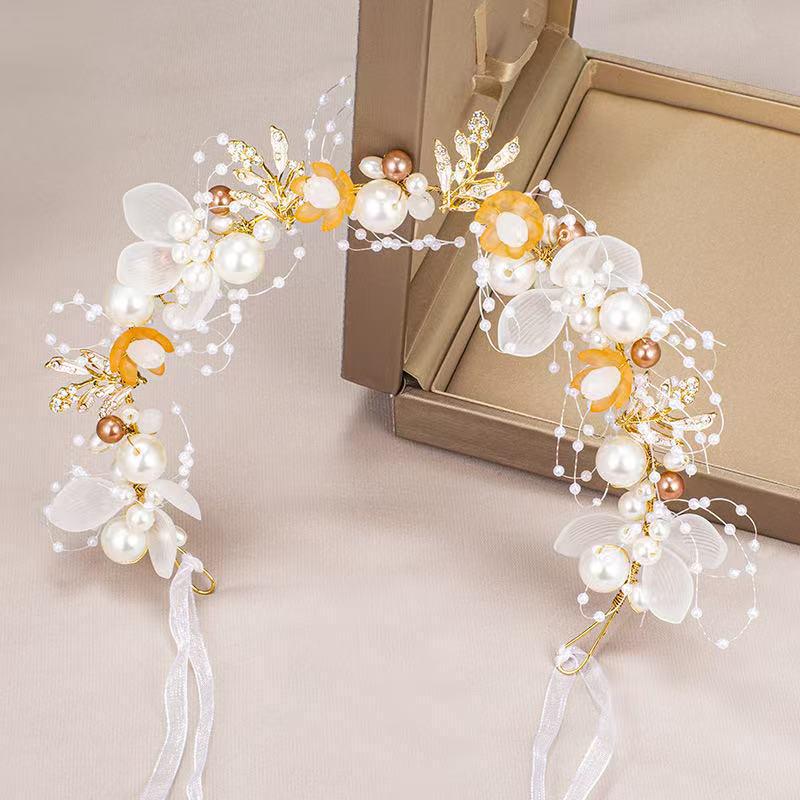 Golden Fairy Leaf Flower Pearl Headband - Elegant European Crown for Girls' Weddings
