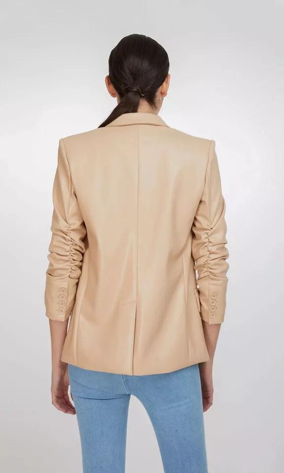 Button Party Beige Stylish Women Classic Blazer Real Lambskin Leather Genuine