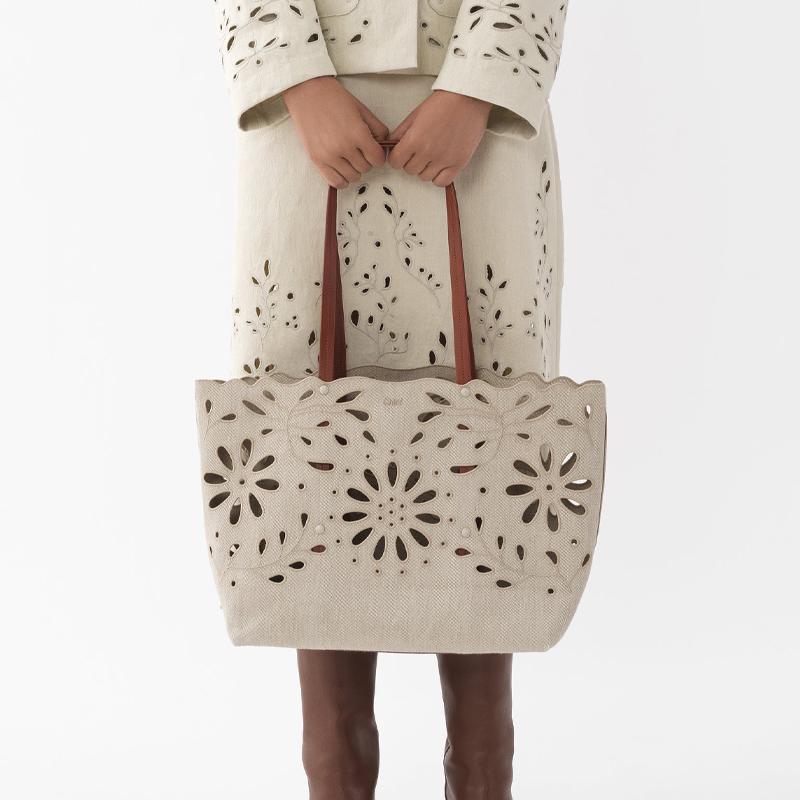 New Chloe Bright Calfskin With Linen Tote Bag, Shopping Bag, Handbag Large Women's Khaki CHC22-SS493G23-27S
