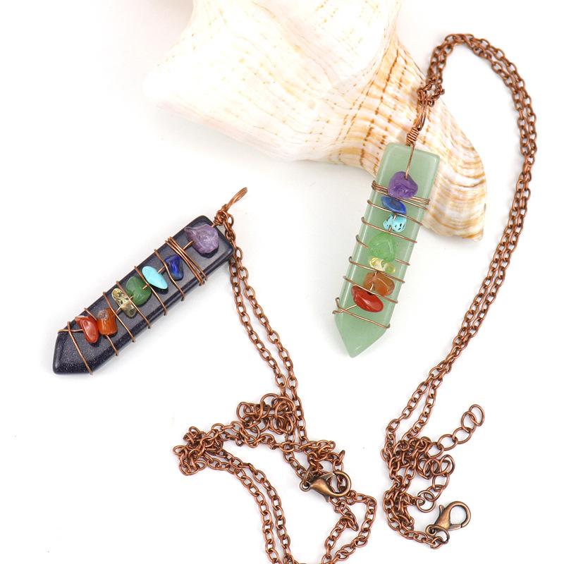 Hand-Wound Colorful Gravel Natural Stone Crystal Powder Spar Sword-Shaped Pendant Necklace N507