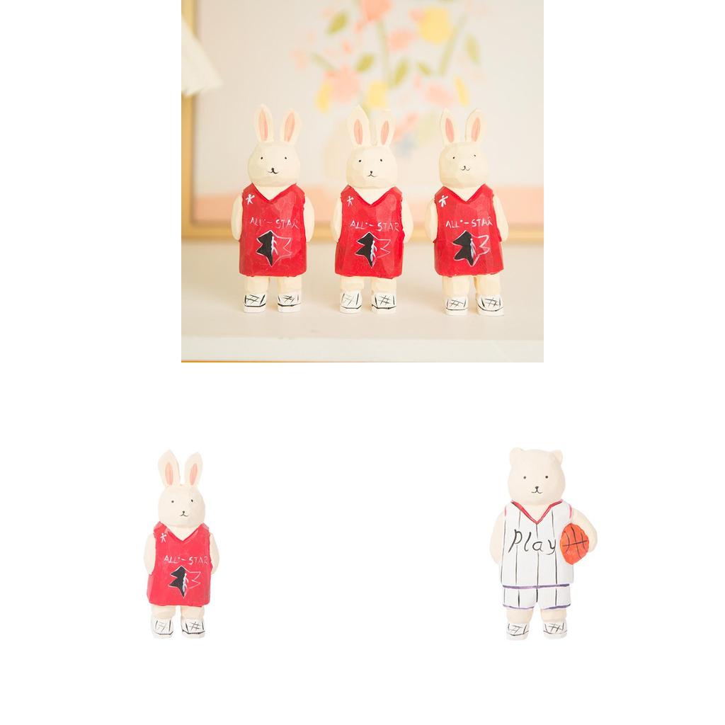 Wooden Craft Figurine With Basketball Bear And Bunny For Home Decor And Giftgiving