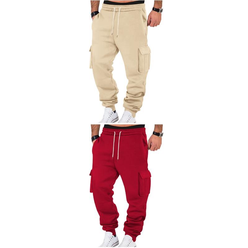 Men Fleece Casual Cargo Pants Loose Multi Pocket Drawstring Long Trousers