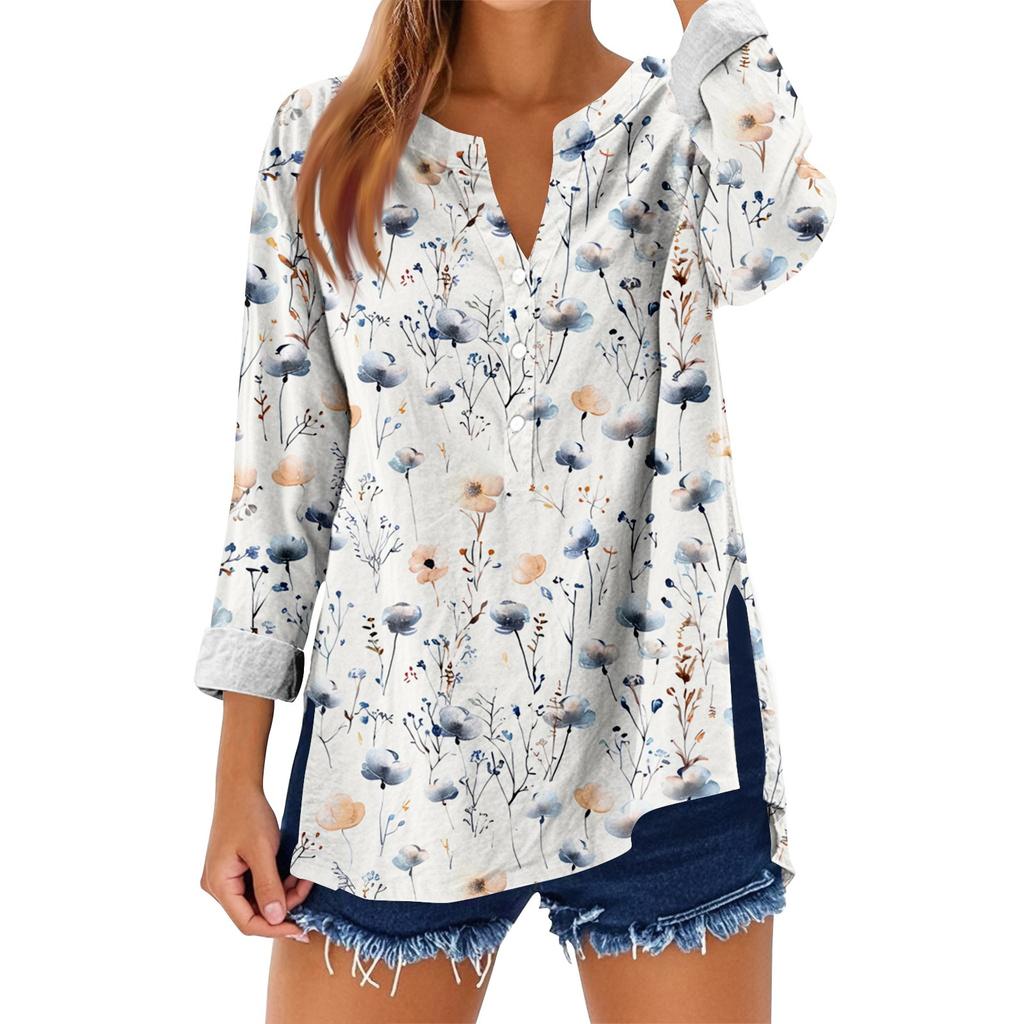 Women's Loose Floral Print Stand Collar Long Sleeve Cotton And Linen Top