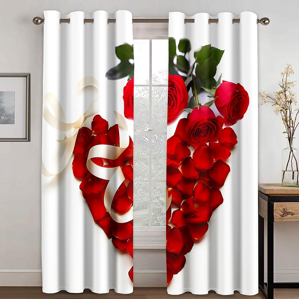 2pcs Love Heart Flower Happy Valentine's Day Window CurtainS for Bedroom Kitchen Living Room Study Window Treatment Home Decor