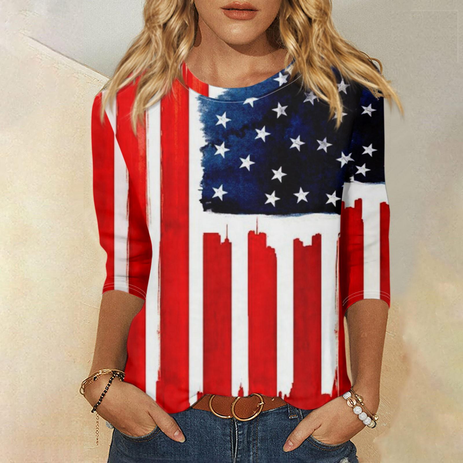 

Жіноча модна повсякденна футболка з круглим вирізом і 3/4 рукавами до Дня незалежності, жіночий топ L Кіновар