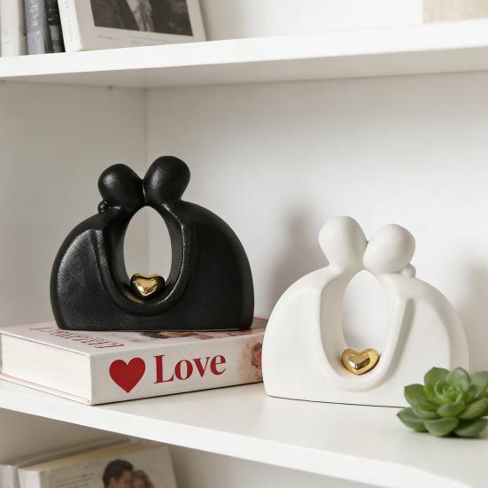 Ceramic Couple Statue Hugging Kissing Lover Figurine for TV Stand Shelf Decor Romantic Couple Heart Sculpture for Wedding Anniversary Gift