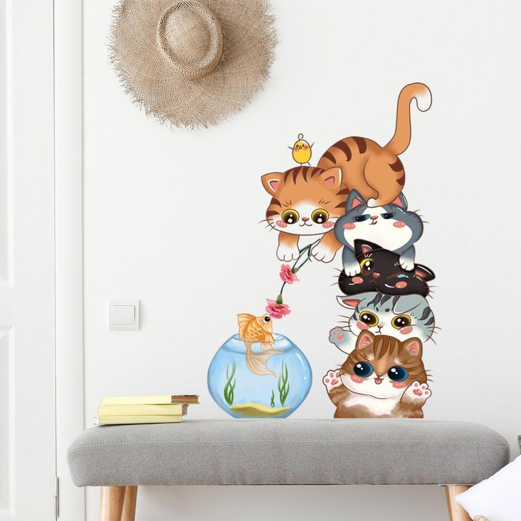 SMAOSTORE Wall Cute Cat Stacking High Stylish Fishbowl and Goldfish Door Waterproof Removable Wallpaper for and Background Walls (Mata) Stickers,