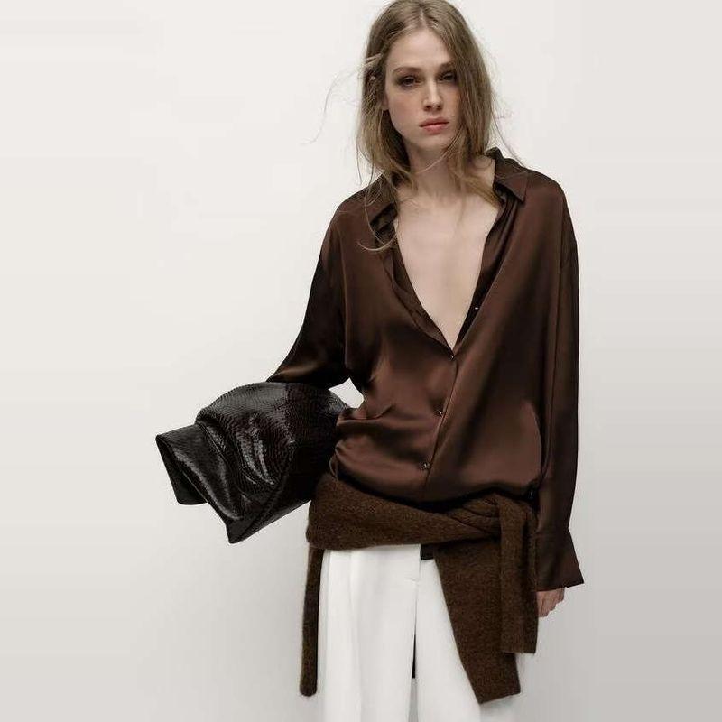 ZA New arrival women's ZR Fashion wind Export Loose Long sleeves silk satin texture drape shirt 2197226 505