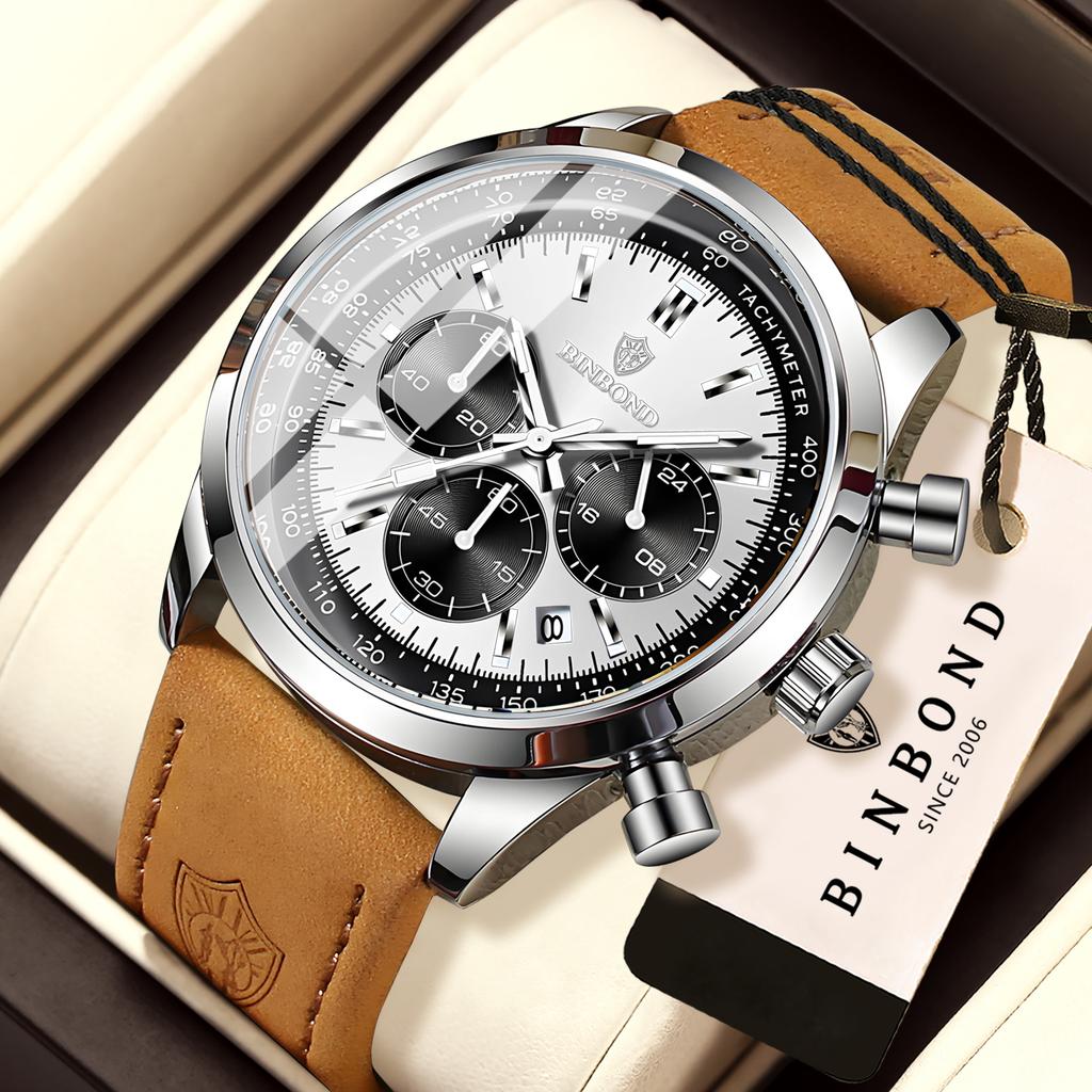 BINBOND Chronograph Sturdy Accurate Quartz Watches For Men Luxury Auto Date Luminous Waterproof Men's Watch Casual Reloj