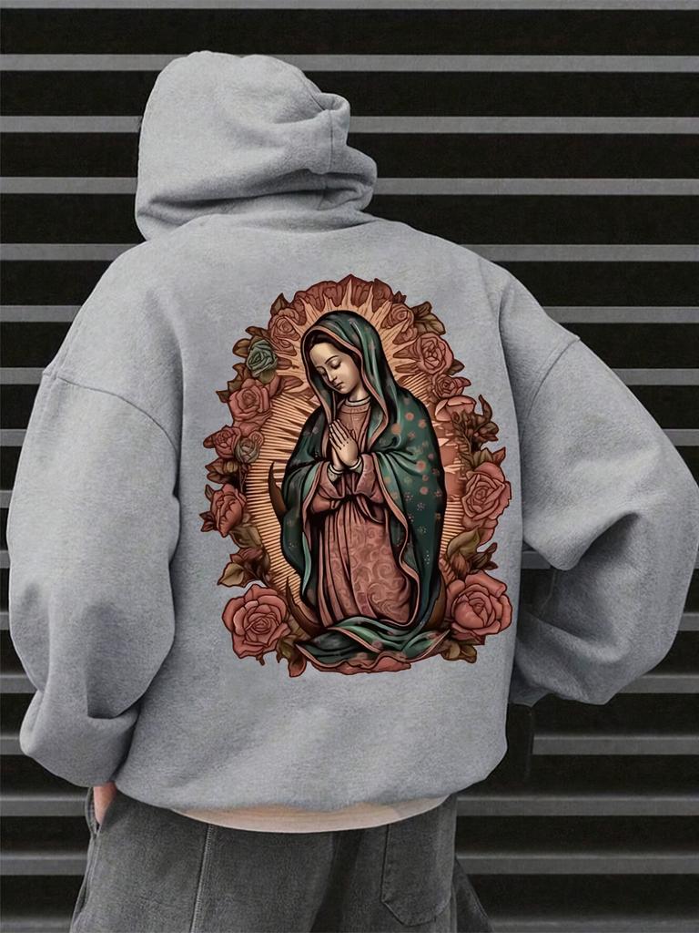 Retro Religious Art Theme Pullover Hoodie Virgin Mary & Rose Vintage Painting Back Print Loose Hip Hop Sport Street Male Top