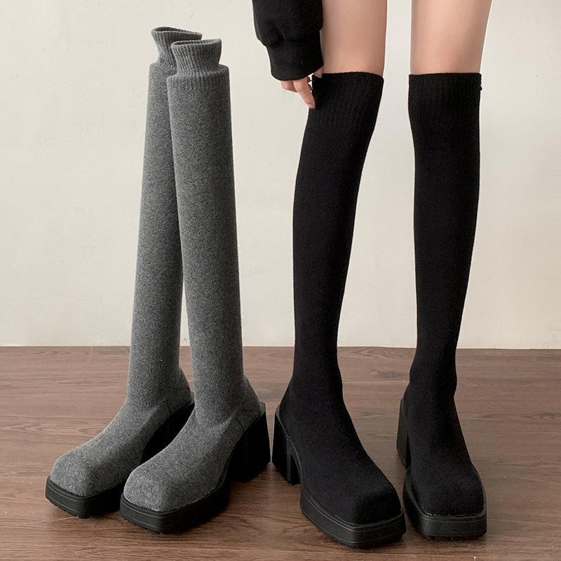 Modische Herbst Winter Damen Elastische Schlankmachende Socken Strumpfhosen Mode Damen Dicker Absatz Über dem Knie Hohe Stiefel