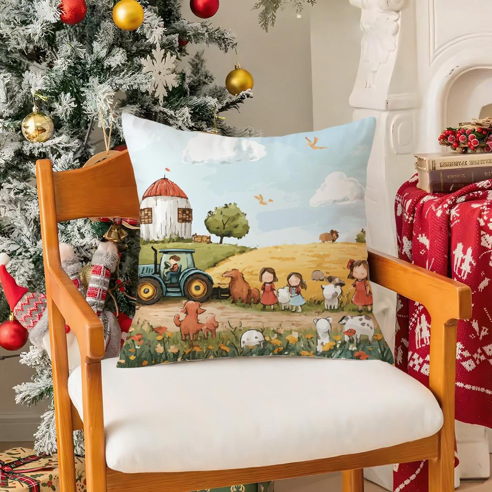 

Colorful Farm Painting Pillow Case Silky Short Plush With Invisible Zipper Dustproof Sofa Cushion Cover For Home Decor 30X30cm