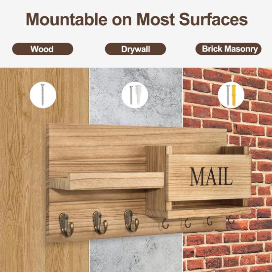 4-in-1 Eingangsbereich Wandregal Briefhalter Haken Rustikal Holz mit Schlüssel Wandmontiert Eingangsbereich Organizer
