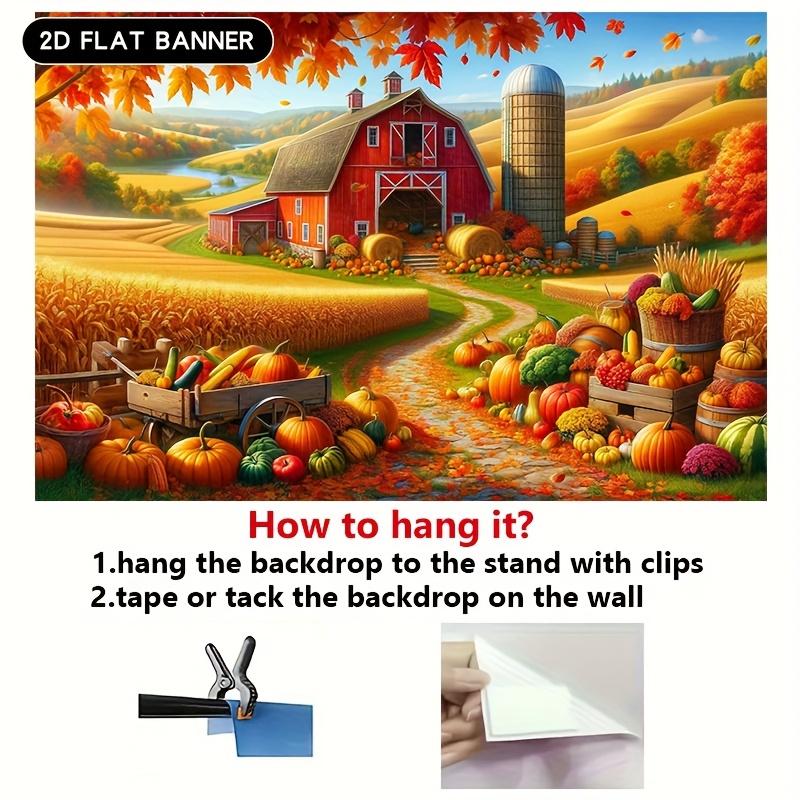 2D flat banner, autumn harvest farm scene background -8x6 feet polyester wall decoration with bright red barn and pumpki