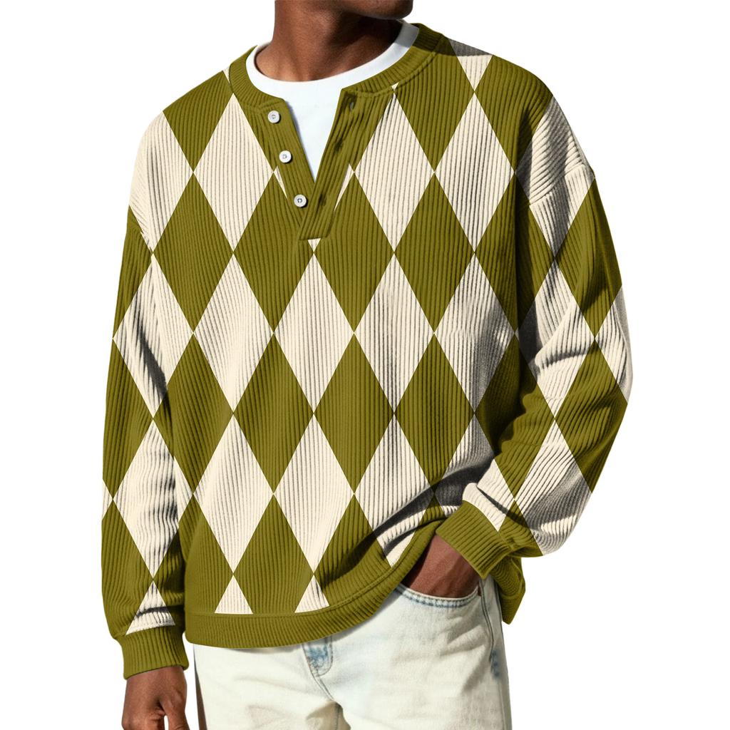 Męski sweter z dzianiny prążkowanej z długim rękawem, z kołnierzykiem zapinanym na guziki