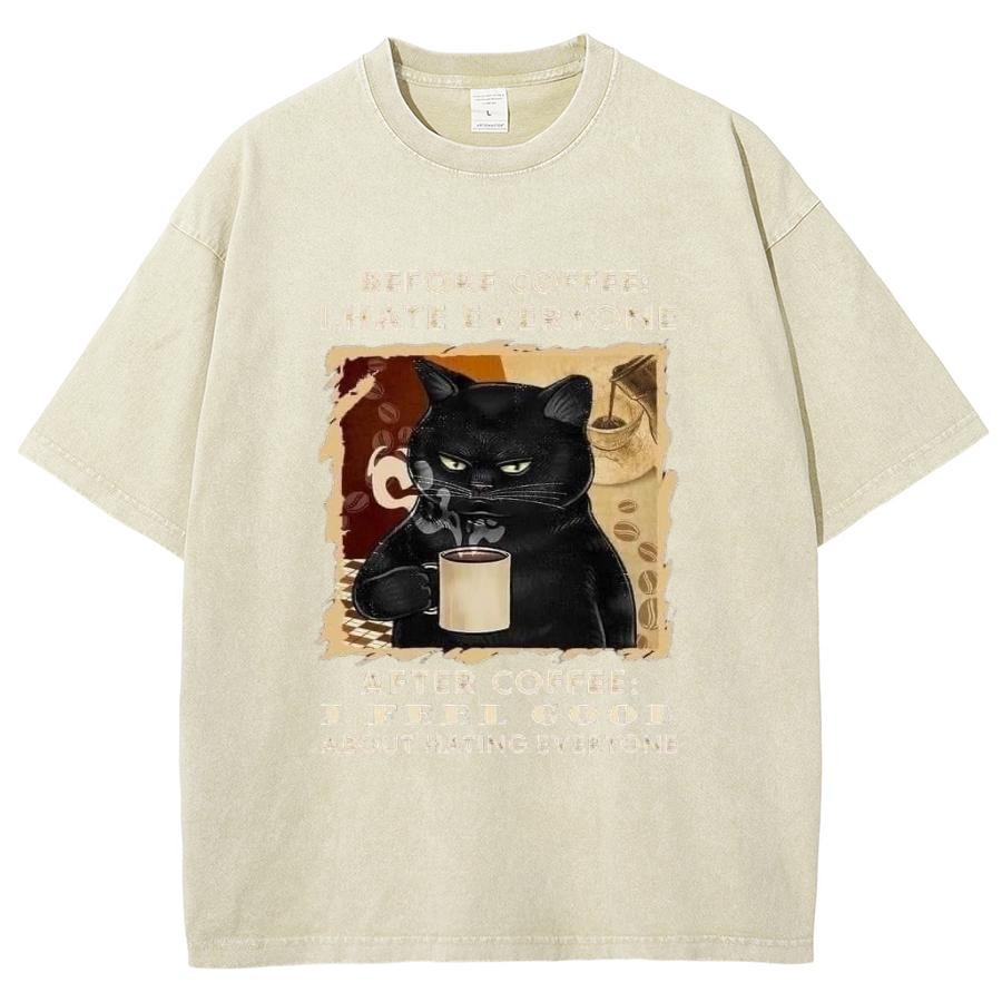 Black Lucky Cat Drinking Coffee Print Unisex T-Shirt Loose Plus Size Oversized Short Sleeve American Vintage Stree
