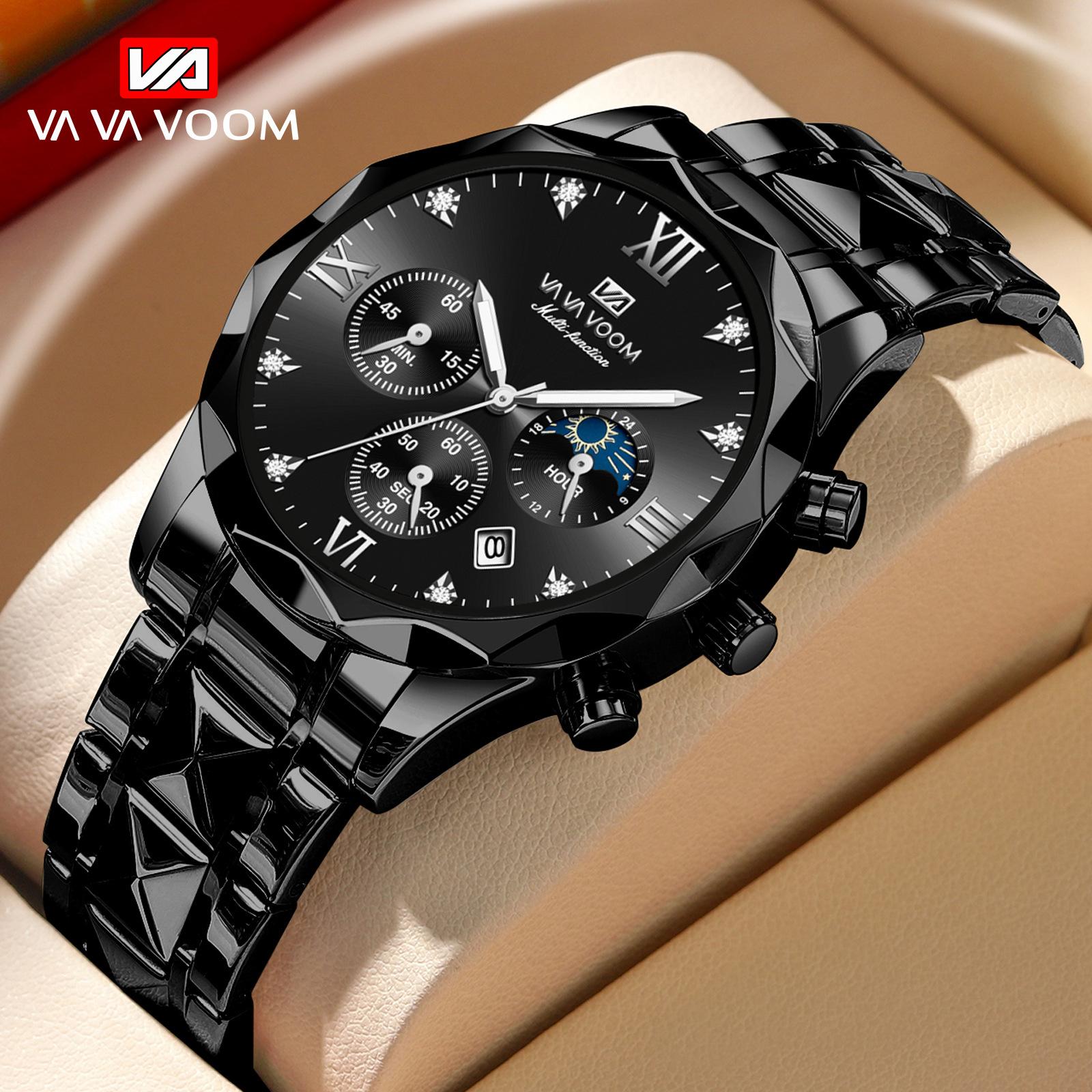

VA VA VOOM Розкішні чоловічі кварцові годинники Man 30m Waterproof Luminous Date Week з нержавіючої сталі Чоловічі годинники Повсякденні спортивні кварцові годинники Чоловічий годинник + коробка срібний/чорний