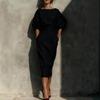 Women Orange Puff Sleeve High Waist Midi Dress with Pockets