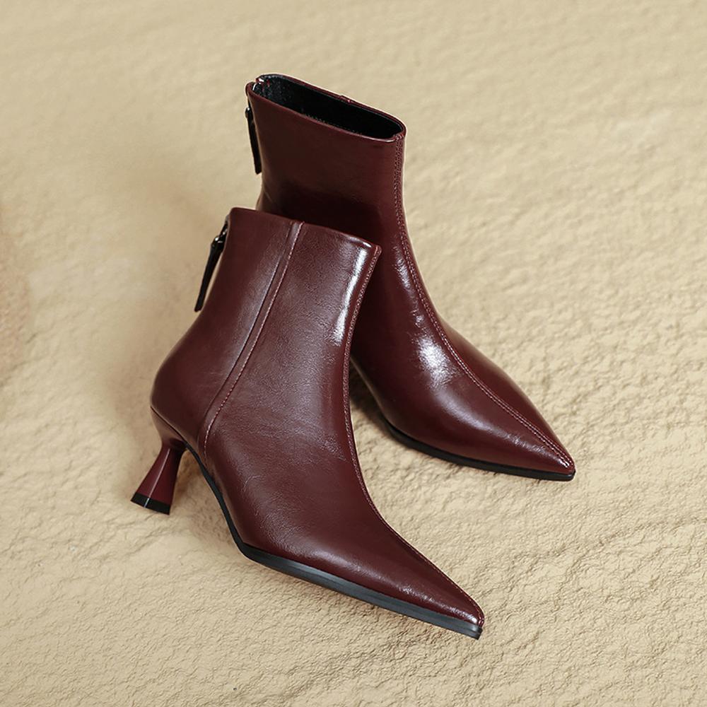 Women's Kitten Heel Bootie Fall Winter  6cm Pointed Toe Ankle Boots Leather Dress Jeans Booties With Zipper Heels Boots