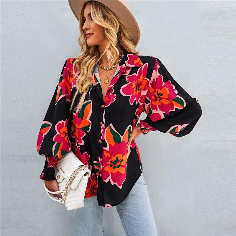 Spring Autumn Women's Polo Collar Blouse Shirt Contrast Color Print Long Sleeve Casual Loose Tops