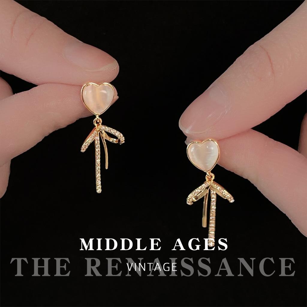 opal love stud earrings French bow fringed earrings temperament earrings