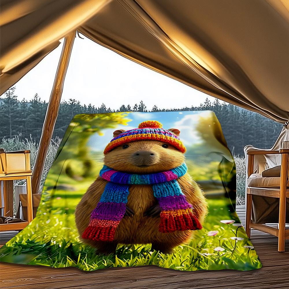 

1pc Capybara Knit Hat Throw Blanket Polyester Fiber, Lightweight Flannel, Soft & Warm, All Season Use for Outdoor, Camping Digital Print 80x120cm