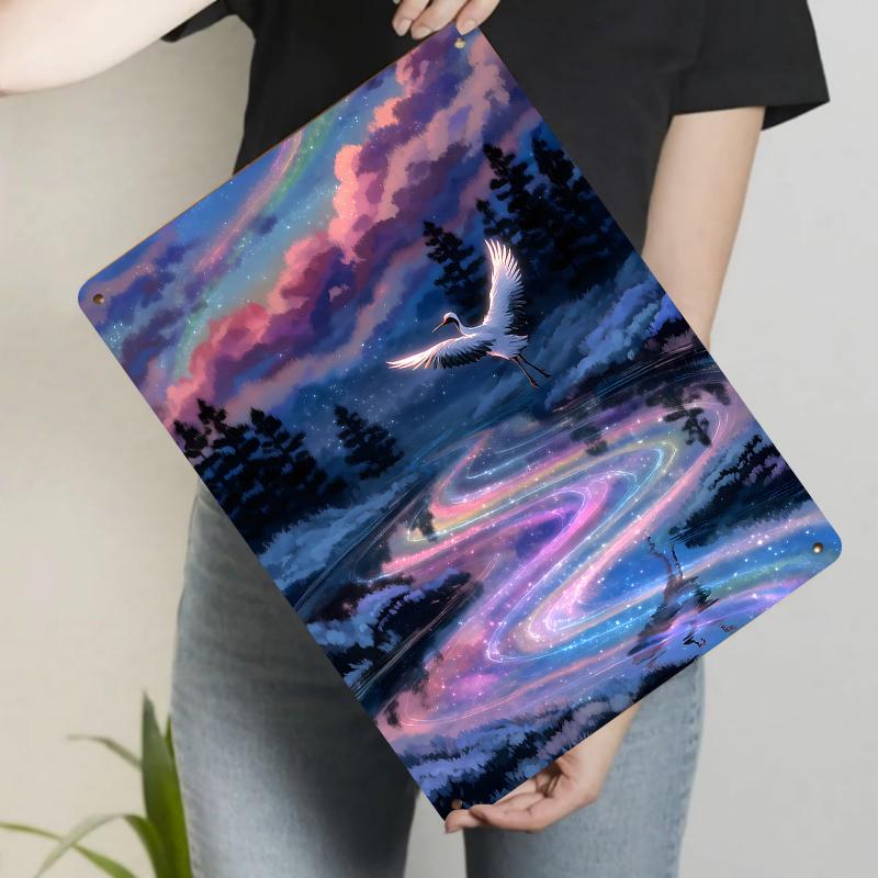 

Crane Flying Over Starry Stream Metal Wall Art Modern Home Living Room Study Room Decorative Painting 20x30cm（7.8x11.8inch）
