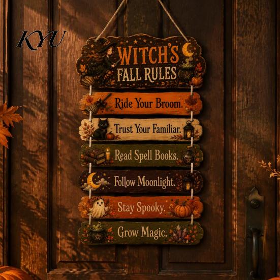 Hanging Wooden Plaque Witch's Fall Rules Sign, Vintage Halloween Wood Wall Rustic Style Art Farmhouse for Outdoor Porch Yard, Home Decor Black