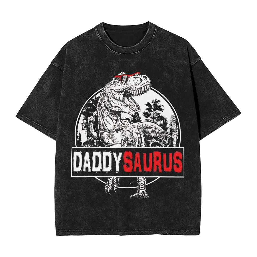 Papasaurus Washed TShirt Mens Vintage Casual TShirts Summer Crew Neck Novelty Tee Shirt Simple Oversized Clothing