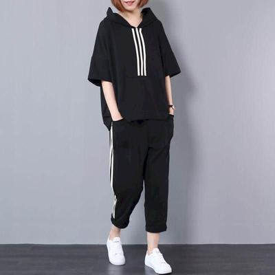 Women Casual Pants Sets Korean Fashion Loose Half Sleeve Striped Hooded T-shirt Tracksuit and Harem Pants Two Piece Set Women Outfits