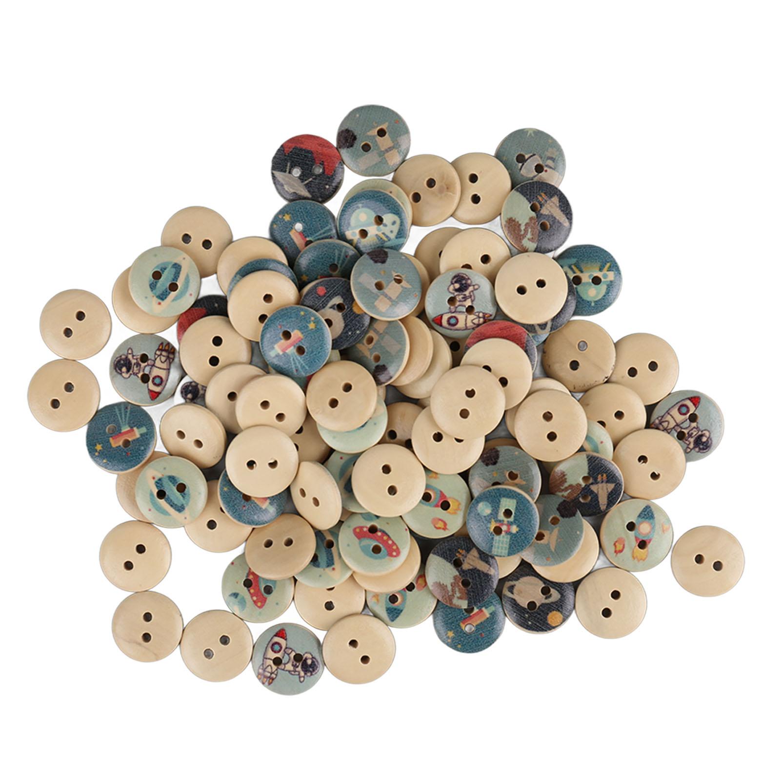 

100 шт. Деревянные пуговицы со смешанным принтом, 2 отверстия, круглые декоративные деревянные пуговицы для шитья, рукоделия, бревенчатые