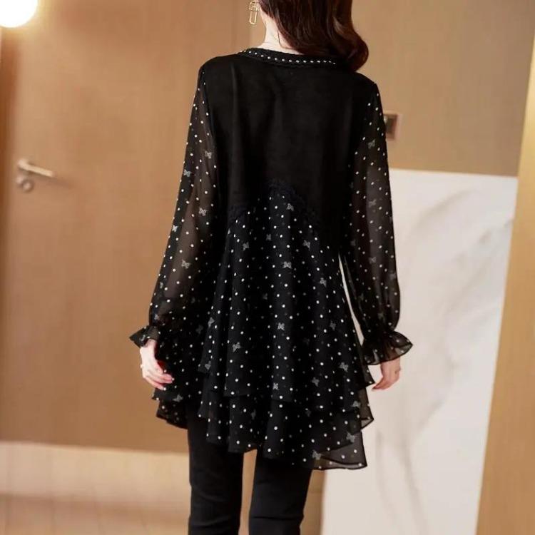 Comfortable Peplum Embroidered Casual Floral Chiffon Shirt Tops Women Loose Long Sleeve Solid Color T Shirt