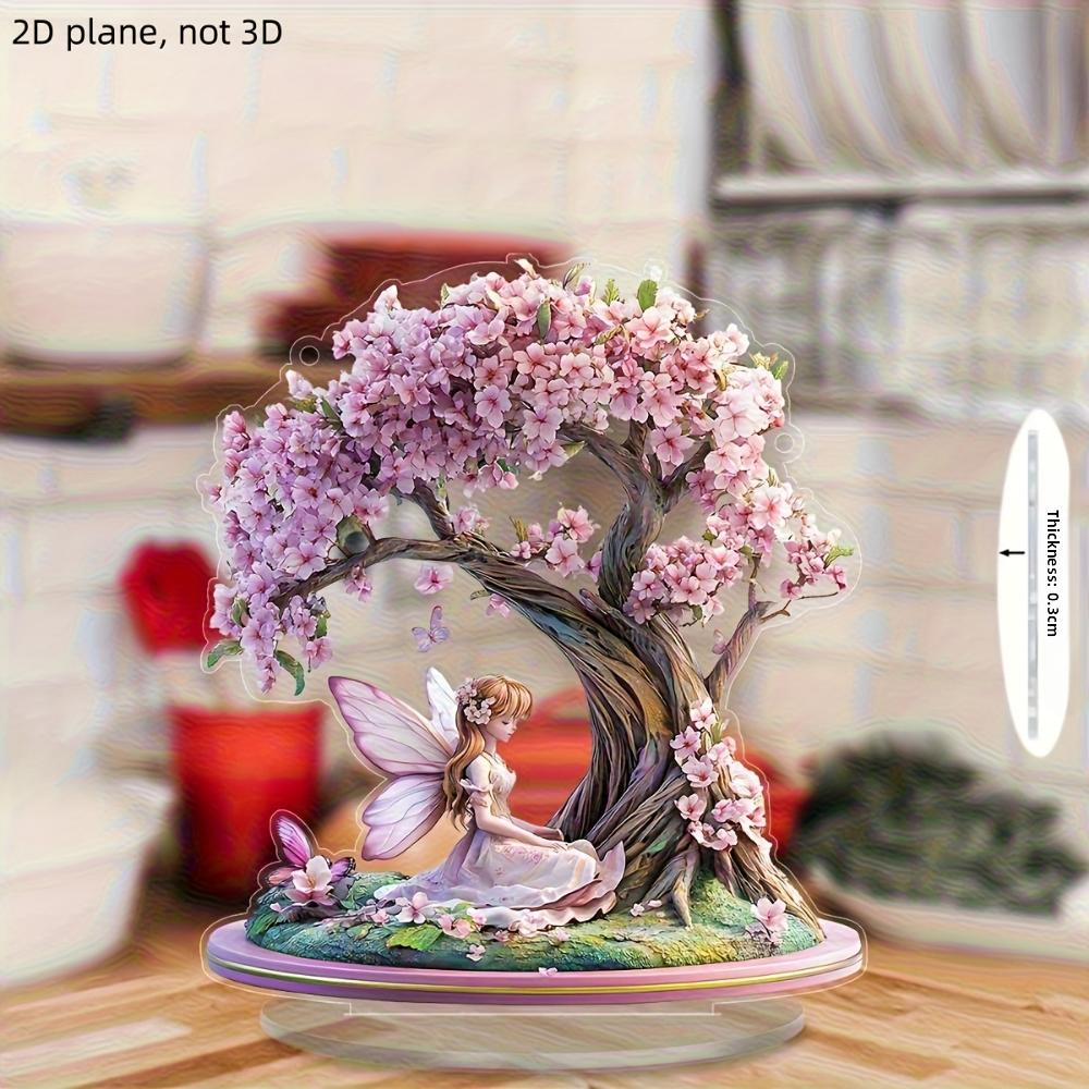 Elegantní růžová víla s kvetoucími třešňovými květy 2, plochý akryl, stolní dekorace, vhodné do obývacího pokoje, kanceláře, dárky, Vánoce, Halloween