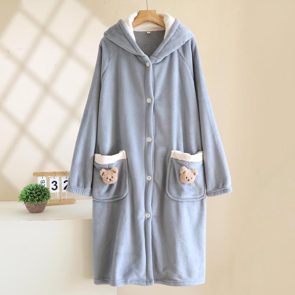 Women's Thickened Hooded Flannel Bear Robe - Cozy Wear for Indoor & Outdoor Spring and Autumn.
