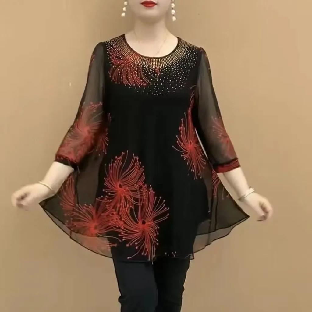 Women's Spring and Summer Medium-length Seven-minute Sleeve Round Neck T-shirt Middle-aged and Elderly Design Plus Size Temperament Tops