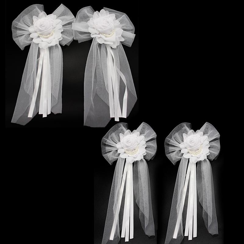 1Pair White High-quality Silk Ribbon Romantic Pearl Bud Party Decor Supplies Wedding Car Decoration Lace Flowers Chair Bow Tie