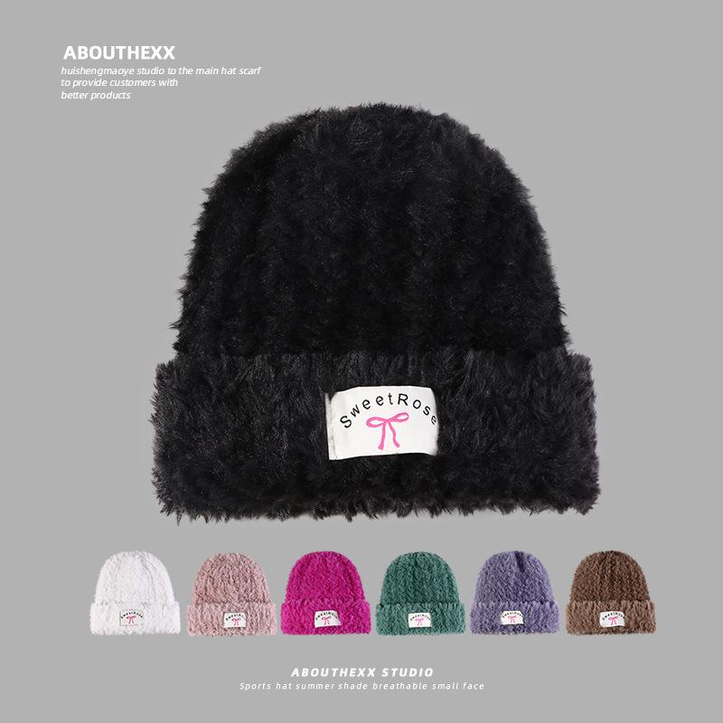 Women's Warm Autumn and Winter Knitted Hat Bow Korean Warm Plush Ear Protection Head Hat