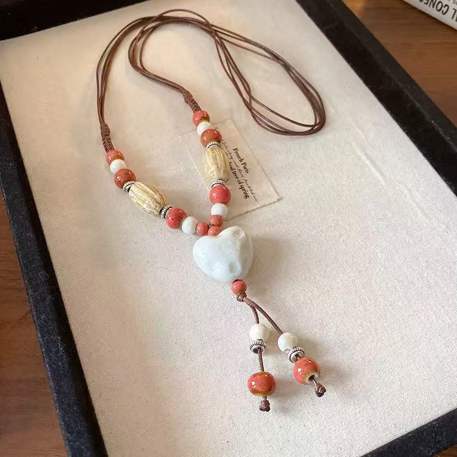 JMXD-Creative Retro Ethnic Style Hand-woven Long Sweater Chain Literary and Versatile Ceramic Love Necklace Accessories