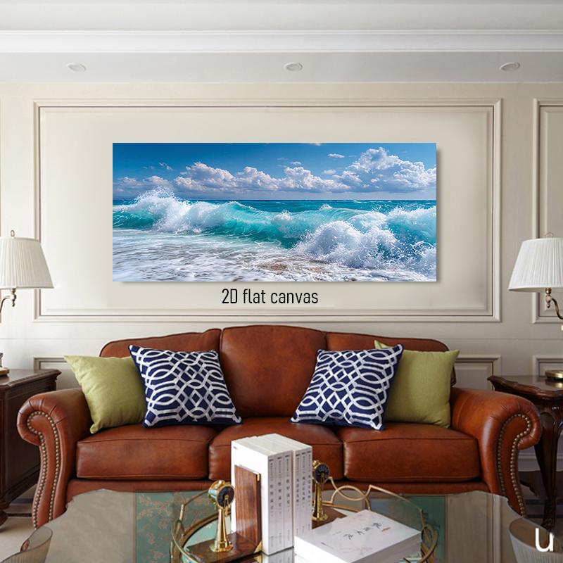 This high-definition sea view canvas decoration painting showcases the surging waves of the blue sea and the white clouds in the (as the picture,50x100cm No Frame)
