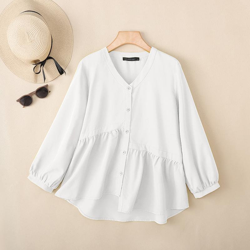 ZANZEA Damska codzienna bluzka z dekoltem w serek, w jednolitym kolorze, luźna, z długim rękawem