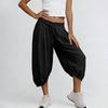 Women Elastic High Waist 3/4 Pant Casual Fit Wide Capris Leg Pants Trousers With Pockets