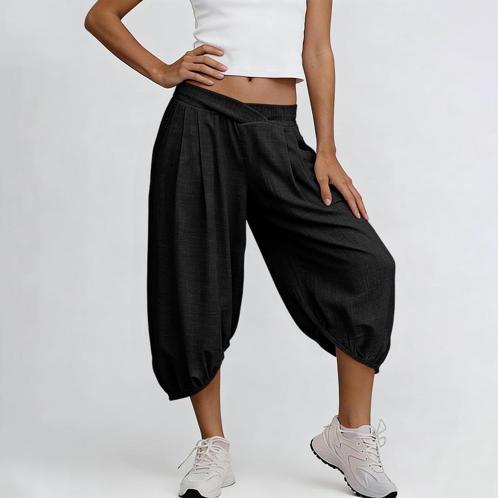 Women Elastic High Waist 3/4 Pant Casual Fit Wide Capris Leg Pants Trousers With Pockets